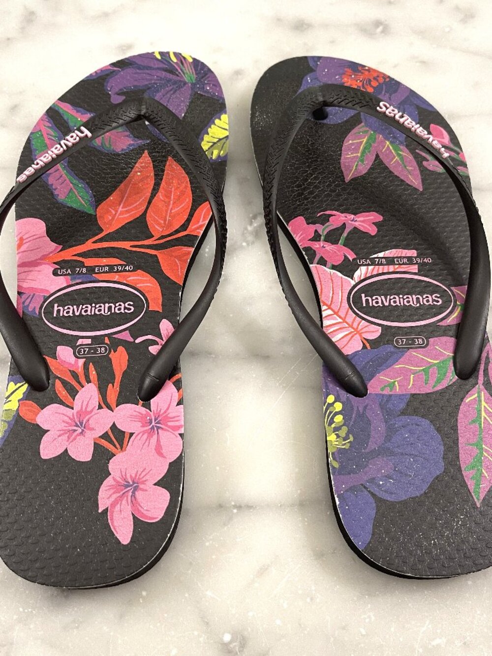 Havaianas Slim Floral Tropical Flip Flops Black Pink Sz 7/8 (EUR 39/40)